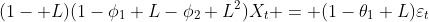 http://latex.codecogs.com/gif.latex?(1-%20L)(1-\phi_1%20L-\phi_2%20L^2)X_t%20=%20(1-\theta_1%20L)\varepsilon_t