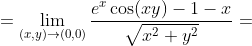 =\lim\limits_{(x, y)\to (0, 0)} \dfrac{e^x \cos(xy) - 1 - x}{\sqrt{x^2+y^2}} =