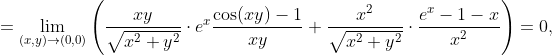 =\lim\limits_{(x, y)\to (0, 0)} \left( \dfrac{xy}{\sqrt{x^2+y^2}}\cdot e^x \dfrac{\cos(xy)-1}{xy} + \dfrac{x^2}{\sqrt{x^2+y^2}}\cdot \dfrac{e^x - 1 - x}{x^2} \right) = 0,