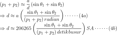 \\ \left(p_1+p_2\right)\approx\frac{a}{d}\left(\sin\theta_1+\sin\theta_2\right) \\ \Rightarrow d\approx a\left(\frac{\sin\theta_1+\sin\theta_2}{\left(p_1+p_2\right) radian}\right) \cdots\cdots\left(4a\right) \\ \Rightarrow d\approx 206265\left(\frac{\sin\theta_1+\sin\theta_2}{\left(p_1+p_2\right) detikbusur}\right) SA \cdots\cdots\left(4b\right)