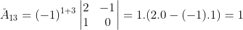 \AA_{13} =(-1)^{1+3}\begin{vmatrix} 2 & -1\\  1 & 0 \end{vmatrix}=1.(2.0-(-1).1)=1