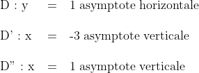 \begin{tabular}{lll}D : y&=&1\;asymptote\;horizontale\\\\D' : x&=& -3\;asymptote\;verticale\\\\D'' : x &= &1\;asymptote\;verticale\end{tabular}