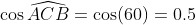 \cos \widehat{ACB}=\cos(60)=0.5 