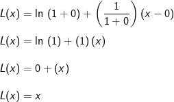 \\L(x)=\ln\ (1+0)+\left ( \frac{1}{1+0} \right )\left ( x-0 \right )\\ \\L(x)=\ln\ (1)+\left ( 1 \right )\left ( x \right )\\ \\L(x)=0+ ( x)\\ \\L(x)=x