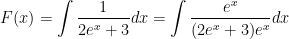 F(x)=\int \frac{1}{2e^{x}+3}dx=\int \frac{e^{x}}{(2e^{x}+3)e^{x}}dx