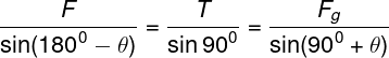 \large \frac{F}{{\sin ({{180}^0} - \theta )}} = \frac{T}{{\sin {{90}^0}}} = \frac{{{F_g}}}{{\sin ({{90}^0} + \theta )}}