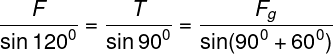 \large \frac{F}{{\sin {{120}^0}}} = \frac{T}{{\sin {{90}^0}}} = \frac{{{F_g}}}{{\sin ({{90}^0} + {{60}^0})}}