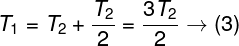\large {T_1} = {T_2} + \frac{{{T_2}}}{2} = \frac{{3{T_2}}}{2} \to (3)