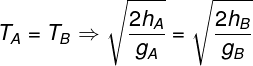 \large {T_A} = {T_B} \Rightarrow \sqrt {\frac{{2{h_A}}}{{{g_A}}}} = \sqrt {\frac{{2{h_B}}}{{{g_B}}}}