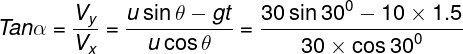 \large Tan\alpha = \frac{{{V_y}}}{{{V_x}}} = \frac{{u\sin \theta - gt}}{{u\cos \theta }} = \frac{{30\sin {{30}^0} - 10 \times 1.5}}{{30 \times \cos {{30}^0}}}