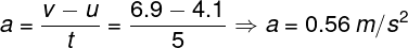 \large a = \frac{{v - u}}{t} = \frac{{6.9 - 4.1}}{5} \Rightarrow a = 0.56{\kern 1pt} {\kern 1pt} m/{s^2}