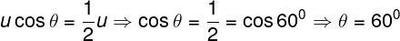 \large u\cos \theta = \frac{1}{2}u \Rightarrow \cos \theta = \frac{1}{2} = \cos {60^0} \Rightarrow \theta = {60^0}