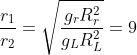 \frac{r_{1}}{r_{2}}=\sqrt{\frac{g_{r}R_{r}^{2}}{g_{L}R_{L}^{2}}}=9