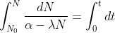 \int_{N_0}^{N}\frac{dN}{\alpha - \lambda N } = \int_{0}^{t} dt