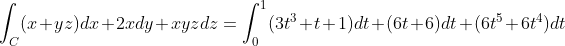 \int_C (x+yz)dx +2xdy +xyzdz = \int_0^1 (3t^3+t+1)dt+(6t+6)dt+(6t^5+6t^4)dt