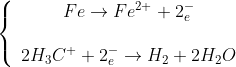 \left\{\begin{array}{c}Fe\rightarrow Fe^{2+}+2_{e}^{-}\\\\ 2H_{3}C^{+}+2_{e}^{-}\rightarrow H_{2}+2H_{2}O\end{array}\right.