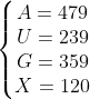\left\{\begin{matrix} A=479 & & & & \\ U=239& & & & \\ G=359 & & & & \\ X=120 & & & & \end{matrix}\right.
