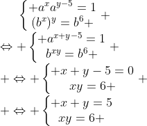 Préparations aux olympiades de tronc commun (2009-2010) - Page 20 Gif.latex?\left\{\begin{matrix}%20a^xa^{y-5}=1\\(b^x)^y=b^6%20\end{matrix}\right.%20\\\Leftrightarrow%20\left\{\begin{matrix}%20a^{x+y-5}=1\\b^{xy}=b^6%20\end{matrix}\right.%20\\%20\Leftrightarrow%20\left\{\begin{matrix}%20x+y-5=0\\xy=6%20\end{matrix}\right.%20\\%20\Leftrightarrow%20\left\{\begin{matrix}%20x+y=5\\xy=6%20\end{matrix}\right