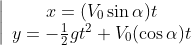 \left\vert
\begin{array}{c}
x=(V_{0}\sin \alpha )t \\ 
y=-\frac{1}{2}gt^{2}+V_{0}(\cos \alpha )t
\end{array}
\right. 