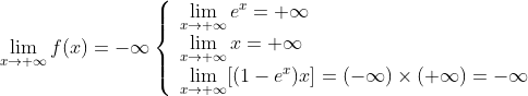 \lim\limits_{x \to +\infty}f(x) = -\infty 
\left\{
\begin{array}{l}
\lim\limits_{x \to +\infty}e^x = +\infty\\
\lim\limits_{x \to +\infty}x = +\infty\\
\lim\limits_{x \to +\infty}[(1-e^x)x] = (-\infty)\times(+\infty)=-\infty
\end{array} 
\right.