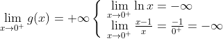 \lim\limits_{x \to 0^{+}}g(x) = +\infty 
\left\{
\begin{array}{l}
\lim\limits_{x \to 0^{+}}\ln x = -\infty\\
\lim\limits_{x \to 0^{+}}\frac{x-1}{x}=\frac{-1}{0^{+}}=-\infty
\end{array} 
\right.