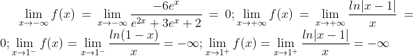 \lim_{x\to -\infty}f(x)=\lim_{x\to -\infty}\frac{-6e^{x}}{e^{2x}+3e^{x}+2}=0;\lim_{x\to +\infty}f(x)=\lim_{x\to +\infty}\frac{ln|x-1|}{x}=0;\lim_{x\to 1^{-}}f(x) = \lim_{x\to 1^{-}}\frac{ln(1-x)}{x} = -\infty;\lim_{x\to 1^{+}}f(x) =\lim_{x\to 1^{+}}\frac{ln|x-1|}{x}=-\infty 