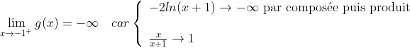 \lim_{x\to-1^+}g(x)=-\infty\quad car\left\{\begin{array}{l}-2ln(x+1)\rightarrow -\infty\textrm{ par compos\'{e}e puis produit}\\\\\frac{x}{x+1}\rightarrow 1\end{array}\right.
