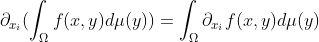 \partial_{x_i}(\int_{\Omega}f(x,y)d\mu(y))=\int_{\Omega}\partial_{x_i}f(x,y)d\mu(y)