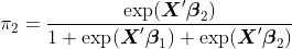 http://latex.codecogs.com/gif.latex?pi_2%20=%20frac{exp(boldsymbol{X}%27boldsymbol{beta}_2)}{1+exp(boldsymbol{X}%27boldsymbol{beta}_1)+exp(boldsymbol{X}%27boldsymbol{beta}_2)}