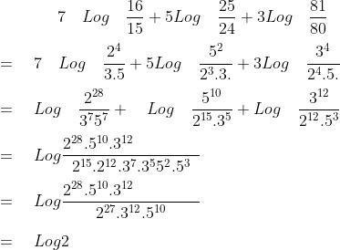 \quad \quad 7\quad Log\quad \frac { 16 }{ 15 } +5Log\quad \frac { 25 }{ { 2 }4 } +3Log\quad \frac { 81 }{ 80 } \\ \\ =\quad 7\quad Log\quad \frac { { 2 }^{ 4 } }{ 3.5 } +5Log\quad \frac { { 5 }^{ 2 } }{ { 2 }^{ 3 }.3. } +3Log\quad \frac { { 3 }^{ 4 } }{ { 2 }^{ 4 }.5. } \\ \\ =\quad Log\quad \frac { { 2 }^{ 28 } }{ { 3 }^{ 7 }{ 5 }^{ 7 } } +\quad Log\quad \frac { { 5 }^{ 10 } }{ { 2 }^{ 15 }.{ 3 }^{ 5 } } +Log\quad \frac { { 3 }^{ 12 } }{ { 2 }^{ 12 }.{ 5 }^{ 3 } } \\ \\ =\quad Log\frac { { 2 }^{ 28 }.{ 5 }^{ 10 }.{ 3 }^{ 12 }\quad \quad \quad \quad }{ { 2 }^{ 15 }.{ 2 }^{ 12 }.{ 3 }^{ 7 }.{ 3 }^{ 5 }{ 5 }^{ 2 }.{ 5 }^{ 3 } } \\ \\ =\quad Log\frac { { 2 }^{ 28 }.{ 5 }^{ 10 }.{ 3 }^{ 12 }\quad \quad \quad \quad }{ { 2 }^{ 27 }.{ 3 }^{ 12 }.{ 5 }^{ 10 } } \\ \\ =\quad Log2