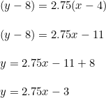 \small \\(y-8)=2.75(x-4)\\ \\(y-8)=2.75x-11\\ \\y=2.75x-11+8\\ \\y=2.75x-3