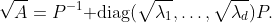 \sqrt{A}=P^{-1}{\rm diag}(\sqrt{\lambda_1},\ldots,\sqrt{\lambda_d})P.