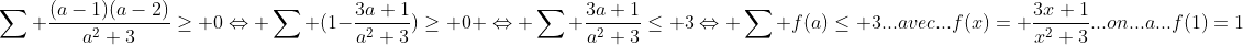 own(younesmath2012) Gif.latex?\sum%20\frac{(a-1)(a-2)}{a^{2}+3}\geq%200\Leftrightarrow%20\sum%20\(1-\frac{3a+1}{a^{2}+3})\geq%200%20\Leftrightarrow%20\sum%20\frac{3a+1}{a^{2}+3}\leq%203\Leftrightarrow%20\sum%20f(a)\leq%203...avec...f(x)=%20\frac{3x+1}{x^{2}+3}...on...a...f(1)=1;f'(1)=\frac{1}{4}...on...va...minorer...par...g(x)=f(1)+f'(1)(x-1)=1+\frac{1}{4}(x-1)=\frac{x+3}{4}....pour%20...tout...x\geq%20-5...on...a...f(x)\leq%20g(x)...car..