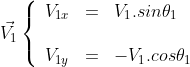\vec{V_1}\left\{\begin{array}{lll}V_{1x}&=&V_1.sin\theta_1\\\\V_{1y}&=&-V_1.cos\theta_1\end{array}\right.