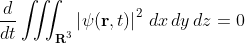 \frac{d}{dt}\int\!\!\!\int\!\!\!\int_{\textbf{R}^3}\left|\psi(\mathbf{r},t)\right|^2\,dx\,dy\,dz=0