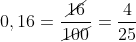 0,16=\frac{\cancel{16}}{\cancel{100}}=\frac{4}{25}