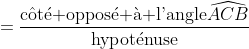 \begin{align*} \sin \widehat{ACB}&=\frac{\text{c\^ot\'e oppos\'e \`a l'angle }\widehat{ACB}}{\text{hypot\'enuse}}\\ &=\frac{AB}{BC}\\ &=\frac{6}{BC} \end{align*} 