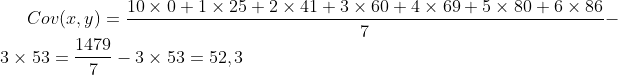 Cov(x,y)=\frac{10\times0+1\times25+2\times41+3\times60+4\times
69+5\times80+6\times86}{7}-3\times53=\frac{1479}{7}-3\times53=52,3
