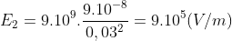 E_2=9.10^9.\frac{9.10^{-8}}{0,03^2}=9.10^5(V/m)