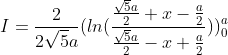 I = \frac{2}{2\sqrt{5}a}(ln(\frac{\frac{\sqrt{5}a}{2}+x-\frac{a}{2}}{\frac{\sqrt{5}a}{2}-x+\frac{a}{2}}))_{0}^{a}