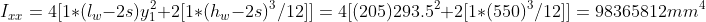 I_{xx}=4[1*(l_w-2s)y_1^2+2[1*(h_w-2s)^3/12]] = 4[(205)293.5^2+2[1*(550)^3/12]]=98365812mm^4