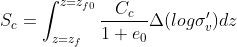 S_c = int_{z=z_f}^{z=z_{f0}} frac{C_c}{1+e_0}Delta(logsigma'_v)dz