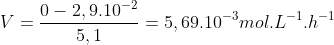 V=\frac{0-2,9.10^{-2}}{5,1}=5,69.10^{-3}mol.L^{-1}.h^{-1}