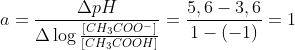 a=\frac{\Delta pH}{\Delta \log \frac{[CH_{3}COO^{-}]}{[CH_{3}COOH]}}=\frac{5,6-3,6}{1-(-1)}=1