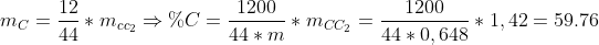 m_C=\frac{12}{44}\ast m_{cc_{2}}\Rightarrow\%C=\frac{1200}{44\ast m}\ast m_{CC_{2}}=\frac{1200}{44\ast 0,648}\ast 1,42=59.76