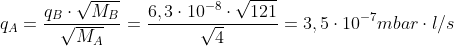 q_A = \frac{q_B \cdot \sqrt{M_B}}{\sqrt{M_A}} = \frac{6,3 \cdot 10^{-8} \cdot \sqrt{121}}{\sqrt{4}} = 3,5 \cdot 10^{-7} mbar \cdot l/s