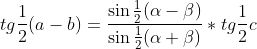 tg\frac{1}{2}(a-b)=\frac{\sin\frac{1}{2}(\alpha-\beta)}{\sin\frac{1}{2}(\alpha+\beta)}*tg\frac{1}{2}c