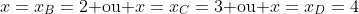 http://latex.codecogs.com/gif.latex?x=x_B=2\textup{%20ou%20}x=x_C=3\textup{%20ou%20}x=x_D=4