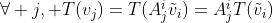 $\forall j, T(v_j)=T(A^i_j\tilde{v}_i)=A^i_jT(\tilde{v}_i)$