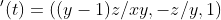 \vec{r}\;'(t)=((y-1)z/xy,-z/y,1)